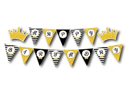 Dây chữ Happy Birthday vương miện bé gái màu đen kim tuyến