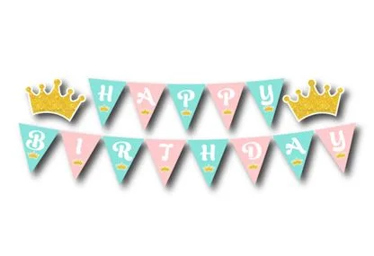 Dây chữ Happy Birthday vương miện bé gái màu hồng xanh min