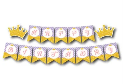 Dây chữ Happy Birthday vương miện bé gái màu tím chấm bi