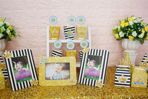 Đồ trang trí sinh nhật chủ đề set mini vương miện bé trai màu đen kim tuyến