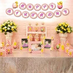 Set phụ kiện sinh nhật bé gái tuổi gà màu hồng lưới
