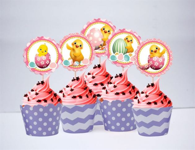 Tem bánh cupcake bé gái tuổi gà màu tím chấm bi