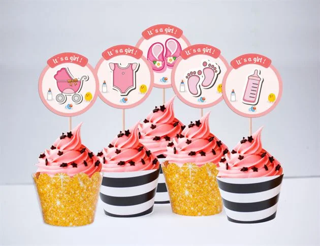 Tem bánh cupcake baby girl màu đen kim tuyến