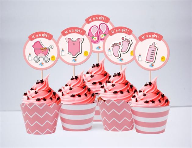 Tem bánh cupcake baby girl màu hồng hoàng gia