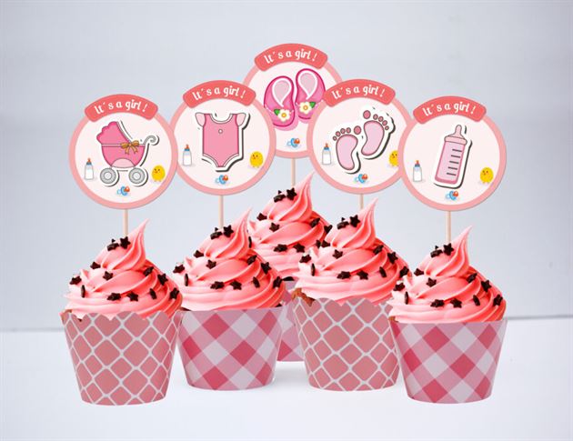 Tem bánh cupcake baby girl màu hồng lưới