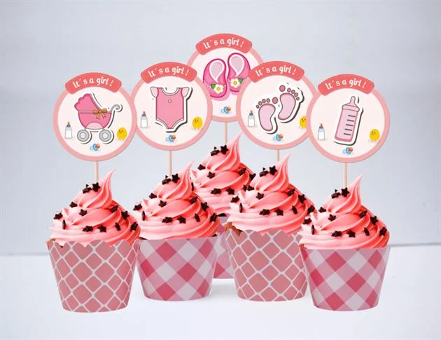 Tem bánh cupcake baby girl màu hồng lưới