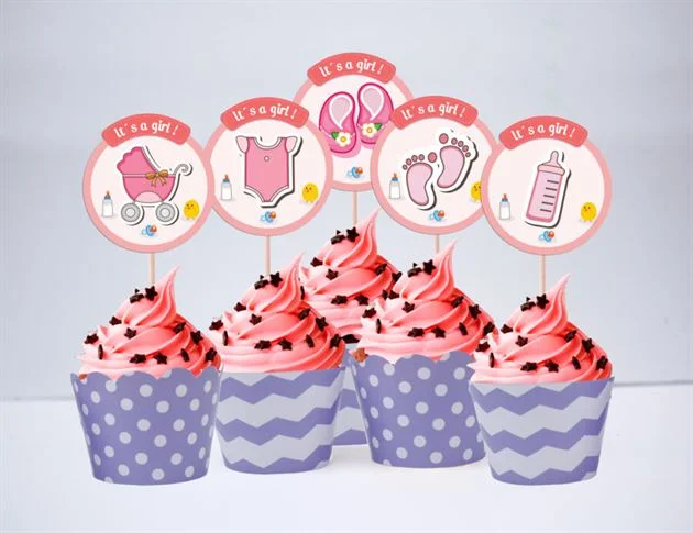 Tem bánh cupcake baby girl màu tím chấm bi