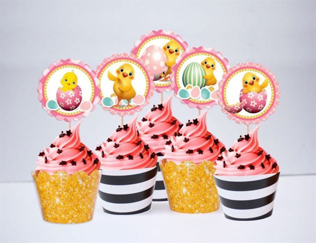 Tem bánh cupcake bé gái tuổi gà màu đen kim tuyền