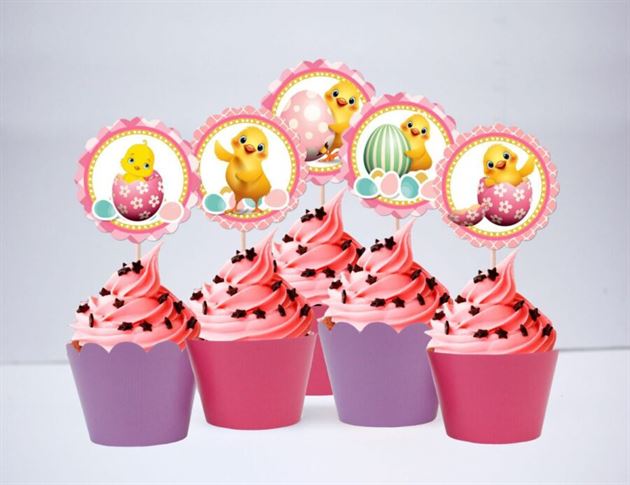 Tem bánh cupcake bé gái tuổi gà màu hồng tím