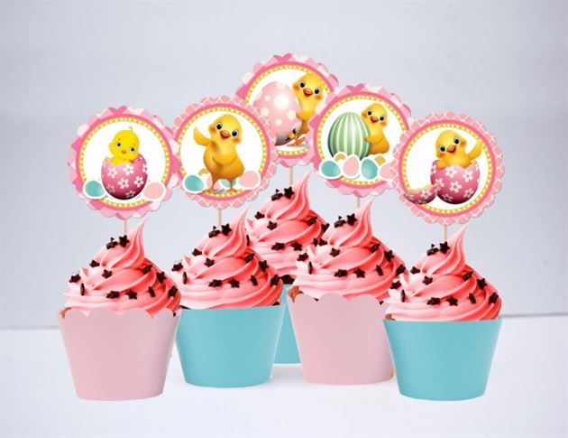 Tem bánh cupcake bé gái tuổi gà màu hồng xanh min