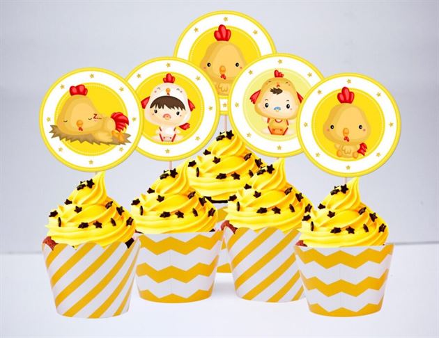 Tem bánh cupcake bé trai tuổi gà