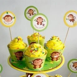 Tem bánh cupcake bé trai chủ đề tuổi khỉ