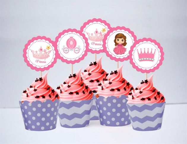 Tem bánh cupcake Công Chúa màu tím chấm bi