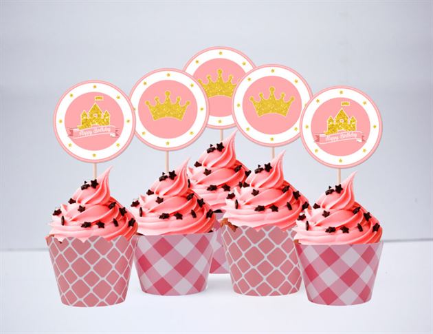 Tem bánh cupcake Vương Miện Công Chúa màu vàng hồng lưới