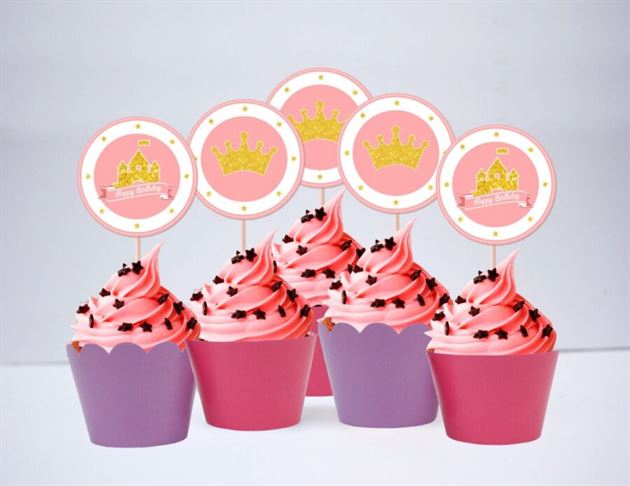 Tem bánh cupcake Vương Miện Công Chúa màu vàng hồng tím