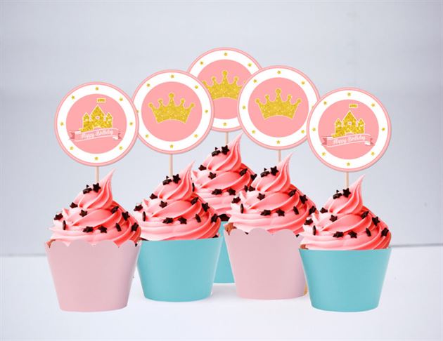 Tem bánh cupcake Vương Miện Công Chúa màu vàng hồng xanh min