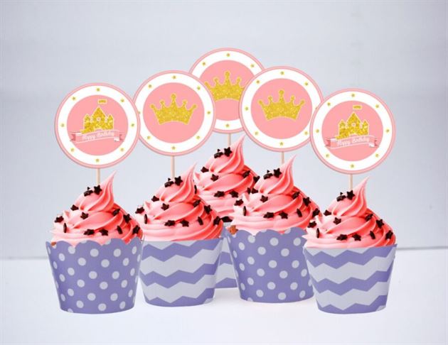 Tem bánh cupcake Vương Miện Công Chúa màu vàng tím chấm bi