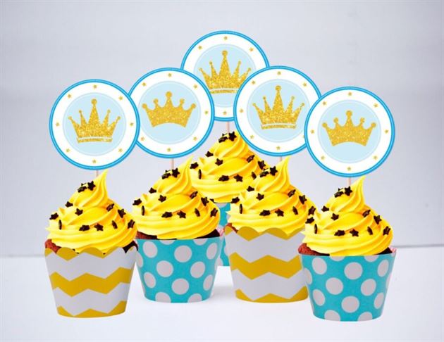 Tem bánh cupcake Vương Miện Hoàng Tử màu vàng xanh min