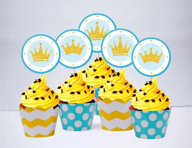 Tem bánh cupcake Vương Miện Hoàng Tử màu vàng xanh min