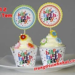tem bánh cupcake chủ đề Happy Birthday