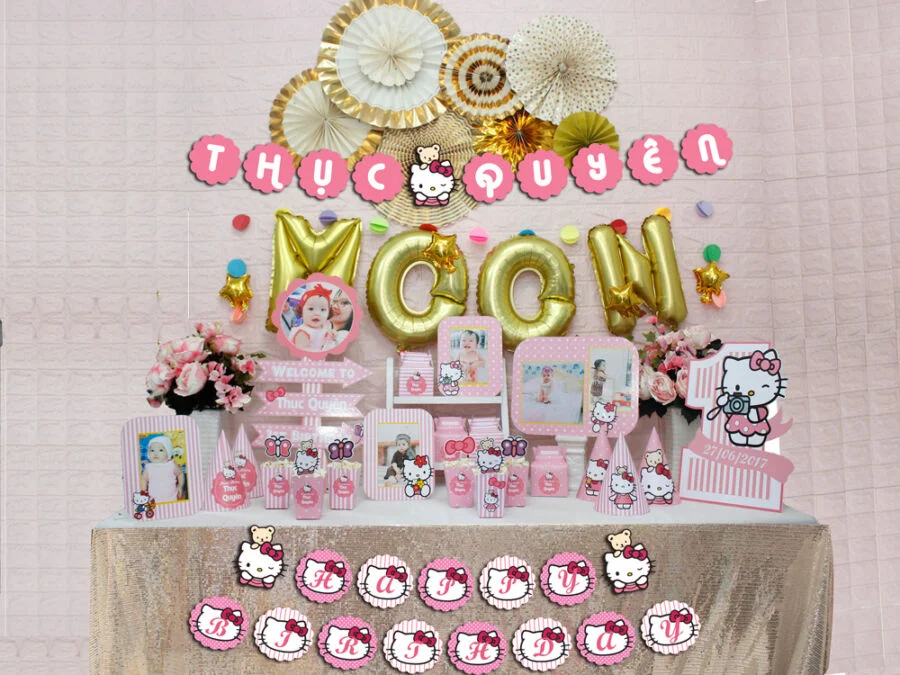 set-phu-kien-trang-tri-sinh-nhat-cho-be-gai-theo-chu-de-kitty Set phụ kiện trang trí sinh nhật thôi nôi cho bé gái Kitty