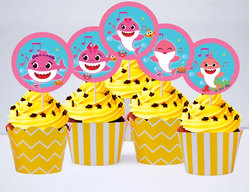 Set bánh cupcake baby shark girl màu vàng hoàng gia