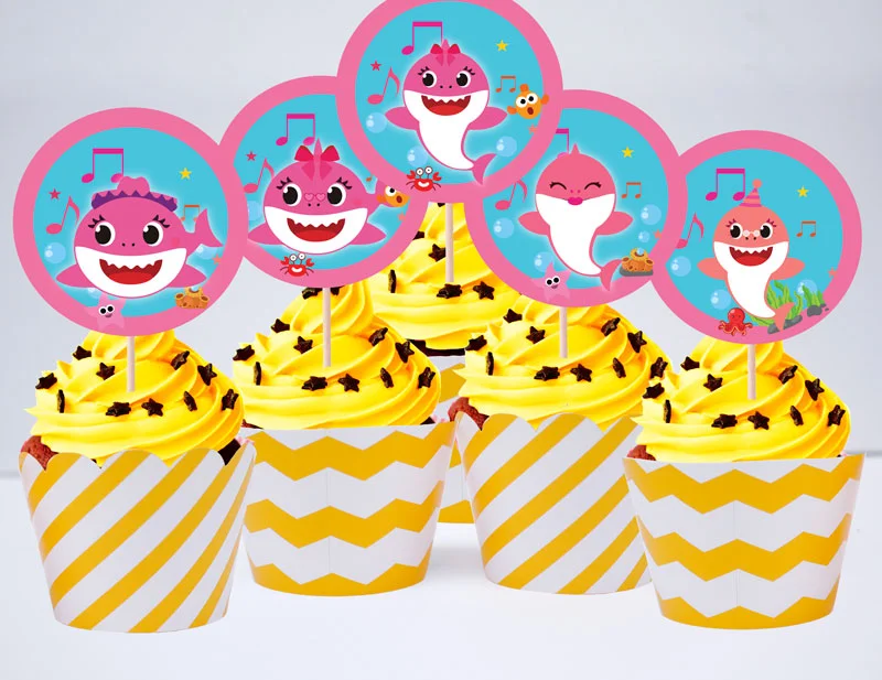 Set bánh cupcake baby shark girl màu vàng zigzag