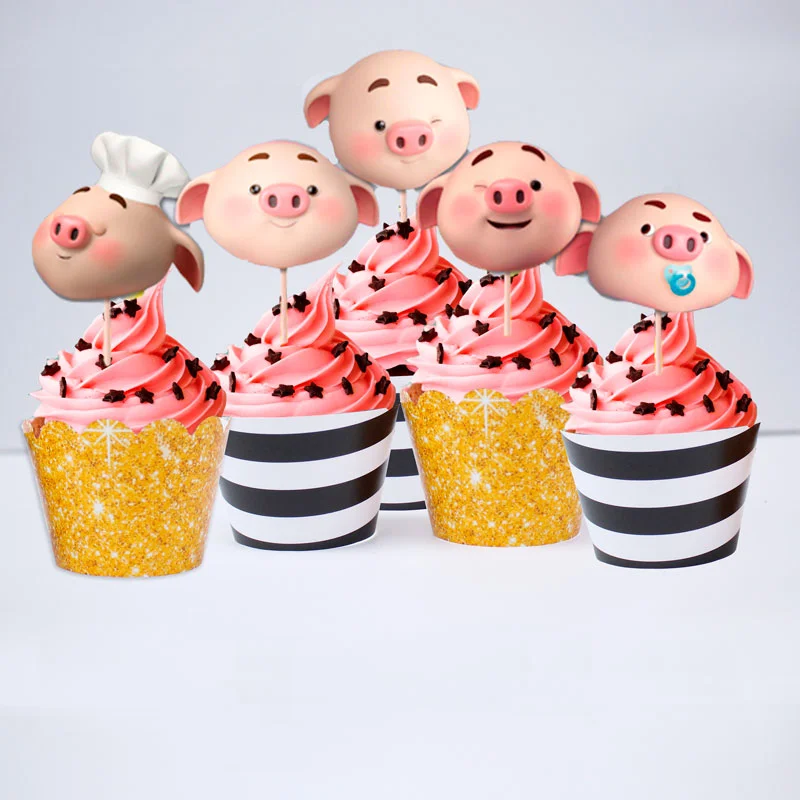 Full set banh cupcake heo trai mau den kim tuyen