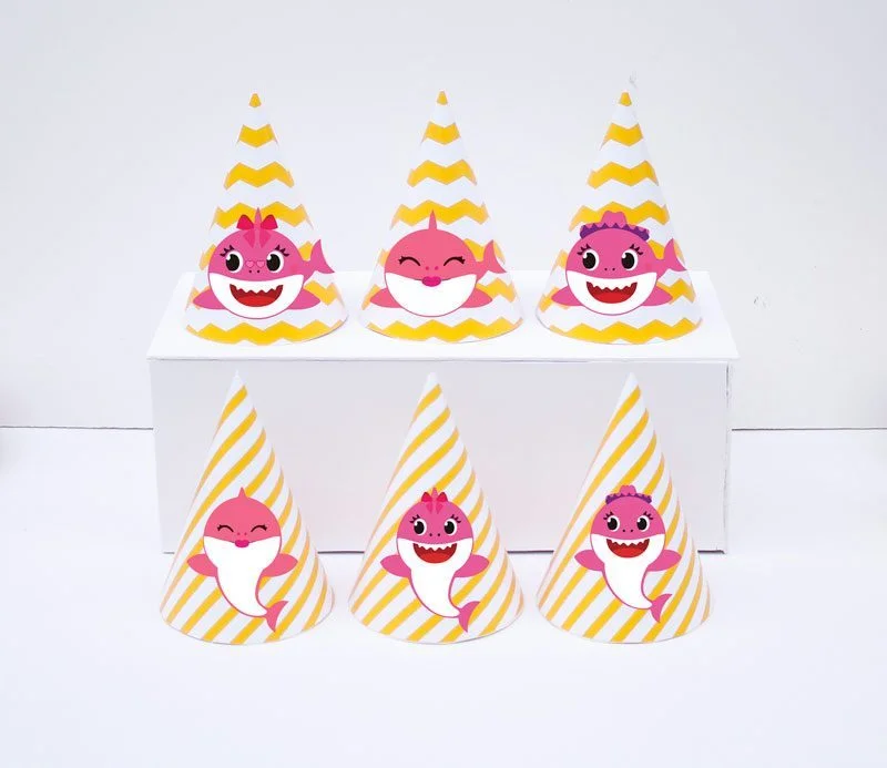 Set nón sinh nhật baby shark girl màu vàng zigzag