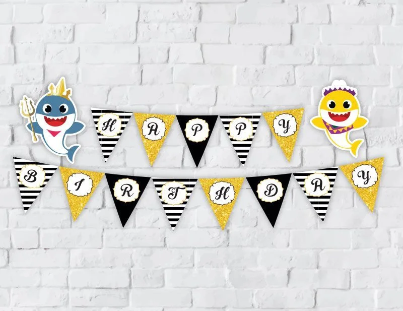Tem banner Baby Shark boy màu đen kim tuyến