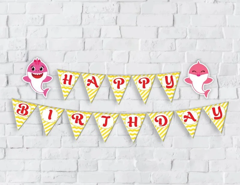 Banner baby shark girl màu vàng zigzag
