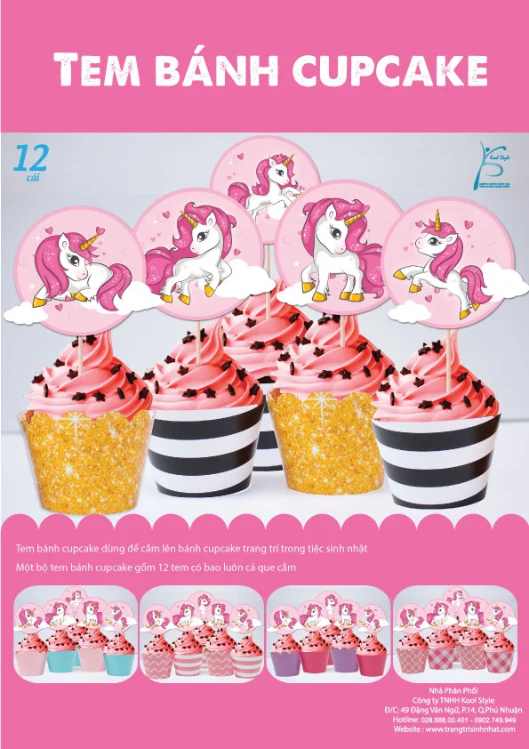 Bìa tem bánh cupcake Unicorn Girl