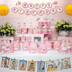 set đồ sinh nhật heo gái màu hồng lưới