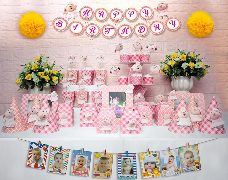 set đồ sinh nhật heo gái màu hồng lưới