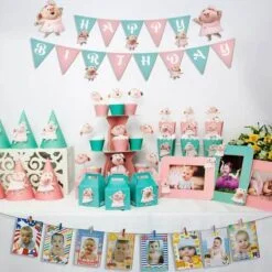 set đồ sinh nhật heo gái màu hồng xanh min