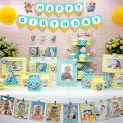 set đồ sinh nhật heo trai màu vàng xanh min