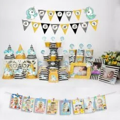 set đồ trang trí sinh nhật unicorn màu đen kim tuyến