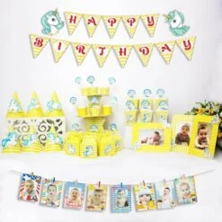 set đồ trang trí sinh nhật unicorn màu vàng zigzag