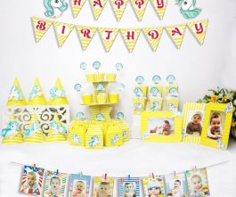 set đồ trang trí sinh nhật unicorn màu vàng zigzag