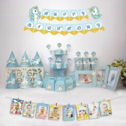 set đồ sinh nhật unicorn màu xanh da trời
