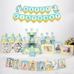 set đồ sinh nhật unicorn màu xanh min vàng