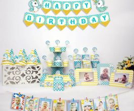 set đồ sinh nhật unicorn màu xanh min vàng