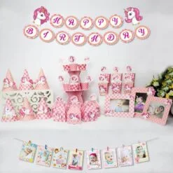 set đồ trang trí sinh nhật unicorn màu hồng lưới