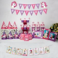 set đồ trang trí sinh nhật unicorn màu hồng tím