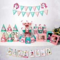 set đồ trang trí sinh nhật unicorn màu hồng xanh min