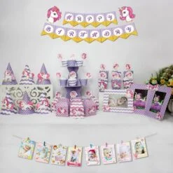 set đồ trang trí sinh nhất unicorn màu tím chấm bi
