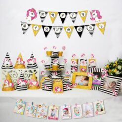 set đồ trang trí sinh nhật unicorn màu vàng đen