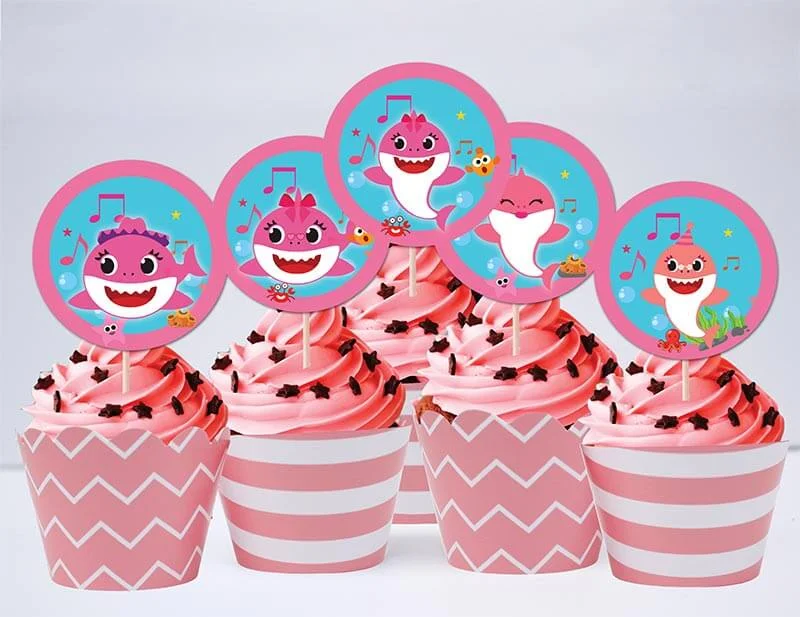Set bánh cupcake baby shark girl màu hồng hoàng gia