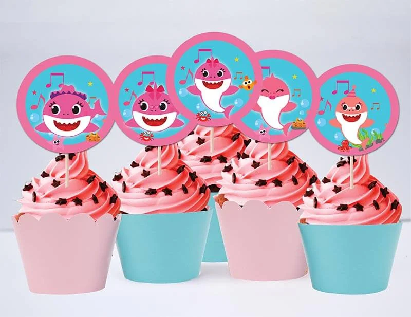 Set bánh cupcake baby shark girl màu hồng xanh min