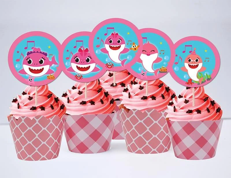 Set bánh cupcake baby shark girl màu hồng lưới